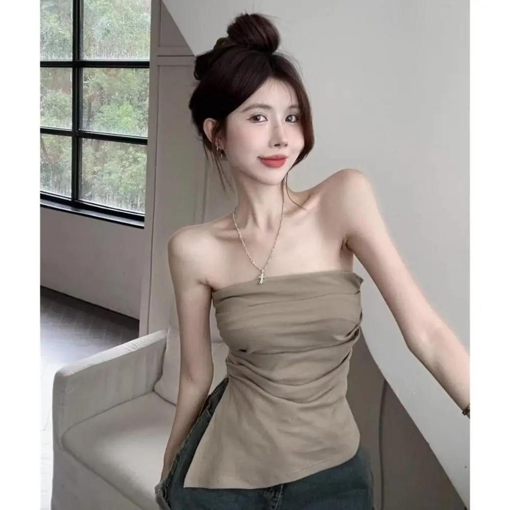 Strapless Bandeau Tube Top Casual Side Slit Hem Asymmetrical Sleeveless Vest Sexy Bandeau Top Summer