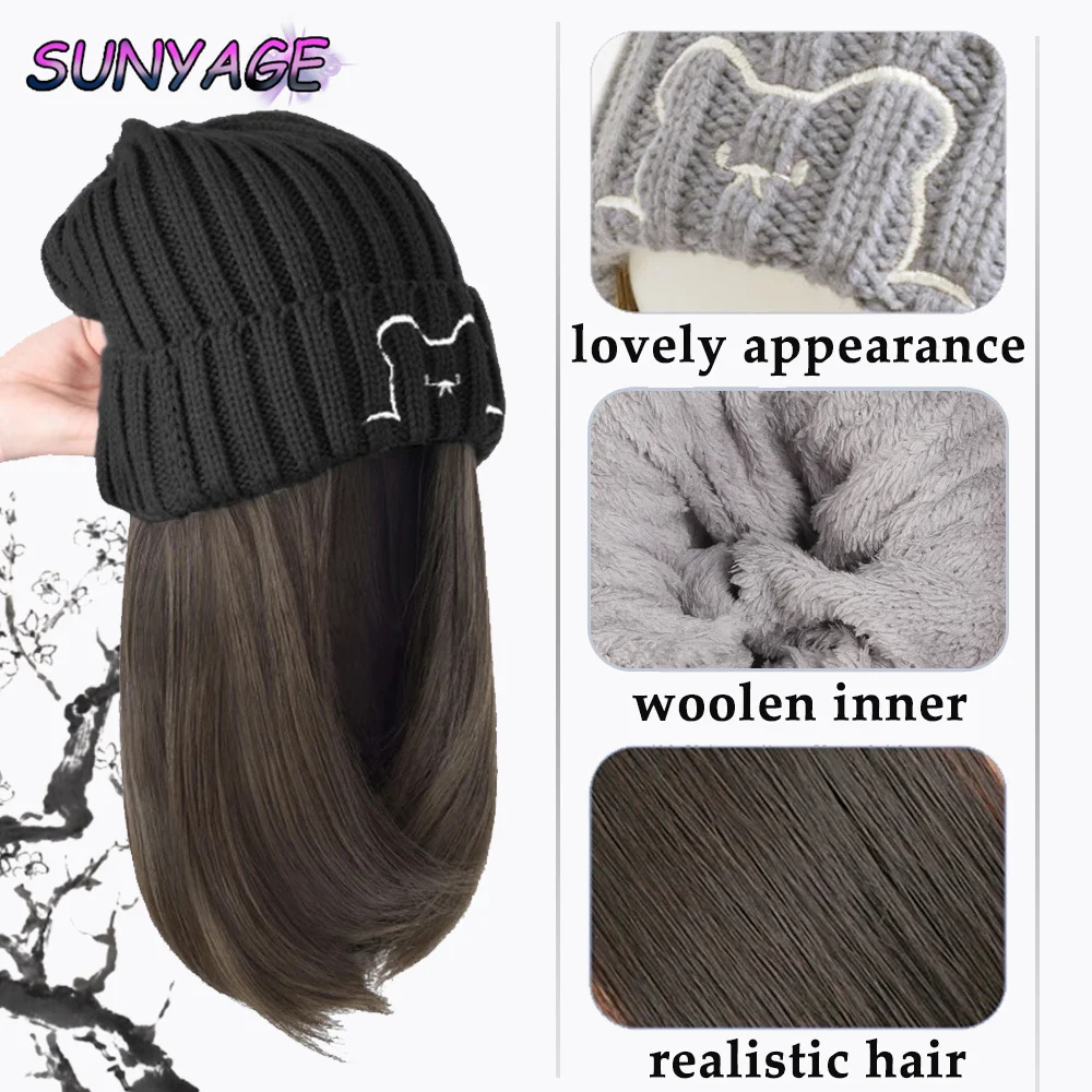 SUNYAGE Beanie Hat Synthetic Short Wig Hat with Hair Extension Natural Hair Color Black Brown Wigs for Women Wool Product - Image 4