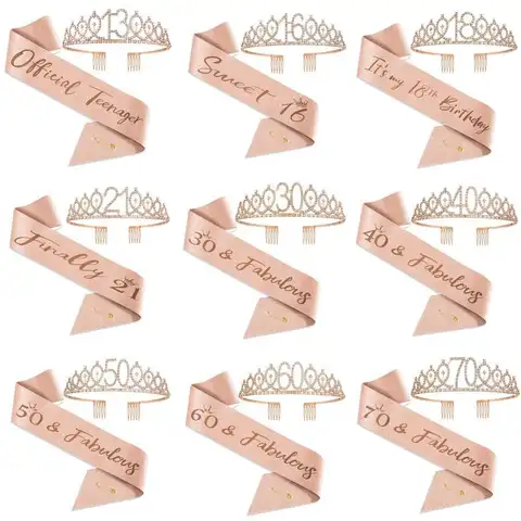 Birthday Tiara Crown Sash Women Girls10Th 13Th 16Th 21St 30Th 40Th 50Th 60Th 70Th 80Th Birthday Party Decoration Favor Gifts