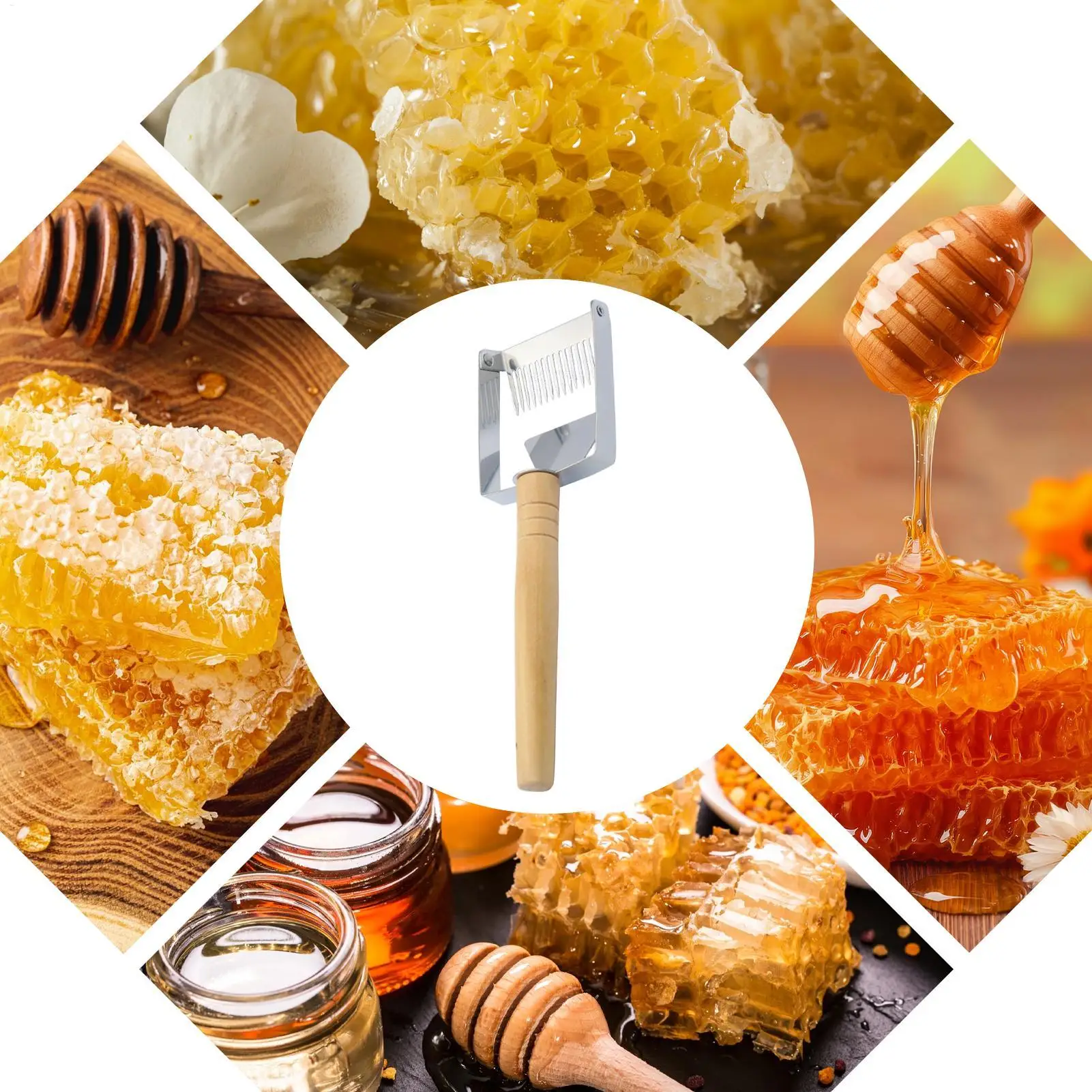 Raspador de miel tipo panal con mango de madera y acero inoxidable, herramienta manual ajustable para apicultura, para adultos, amantes de la apicultura y familias.