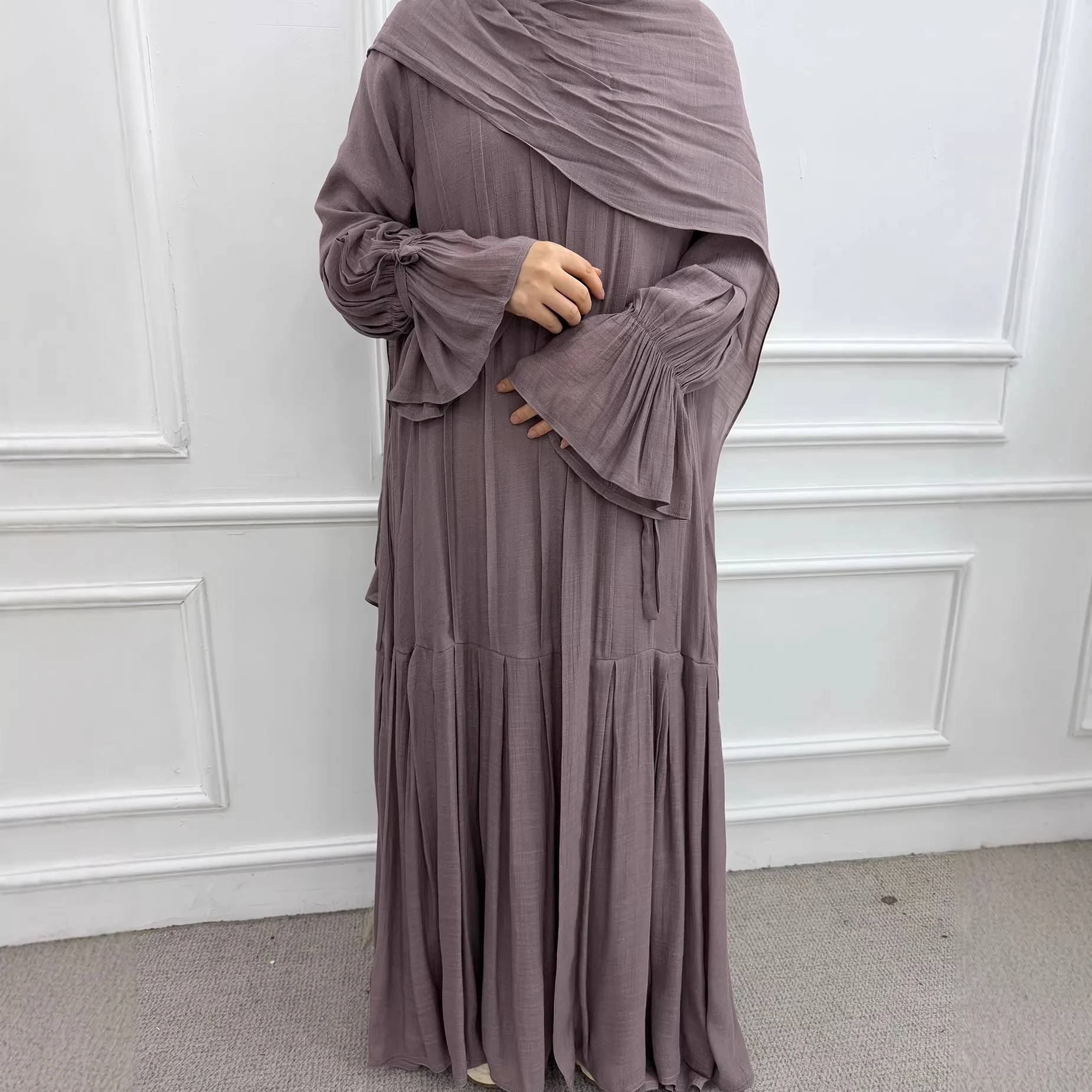 

Новинка 2026: Женский повседневный комплект из двух предметов (платье и кардиган) в однотонном стиле, свободного кроя, с плиссировкой, для мусульманок