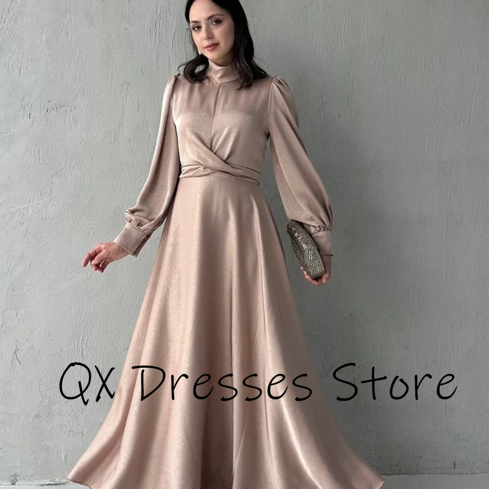 사용자 정의 높은 넥 라인 새틴 이브닝 드레스 풀 슬리브 보우 지퍼 파티 드레스 플리츠 a 라인 바닥 길이 댄스 파티 드레스