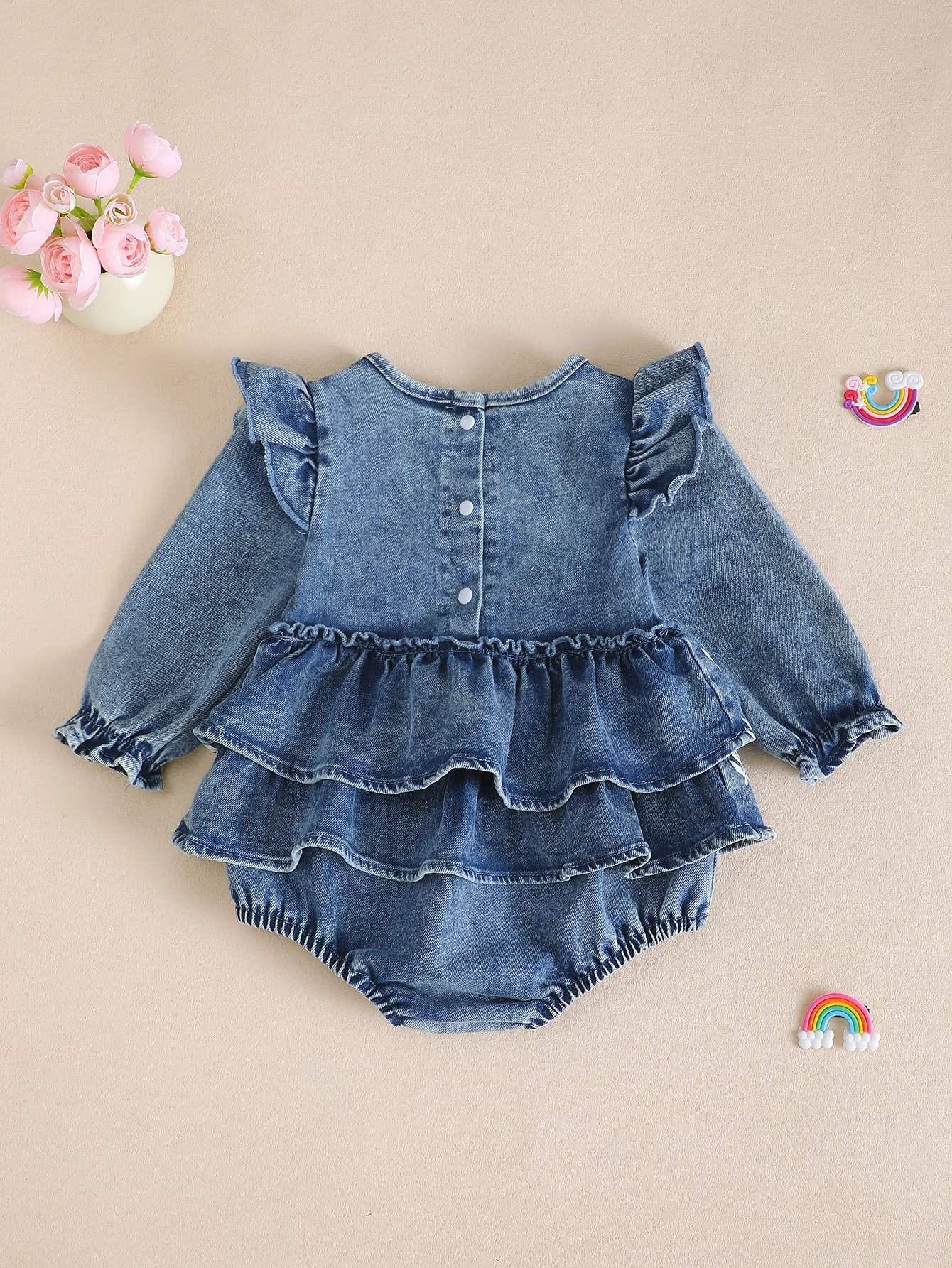 Autumn Winter Baby Girl's Long Sleeve Denim Dress Embroidered Floral Pattern Toddler Kids Clothing