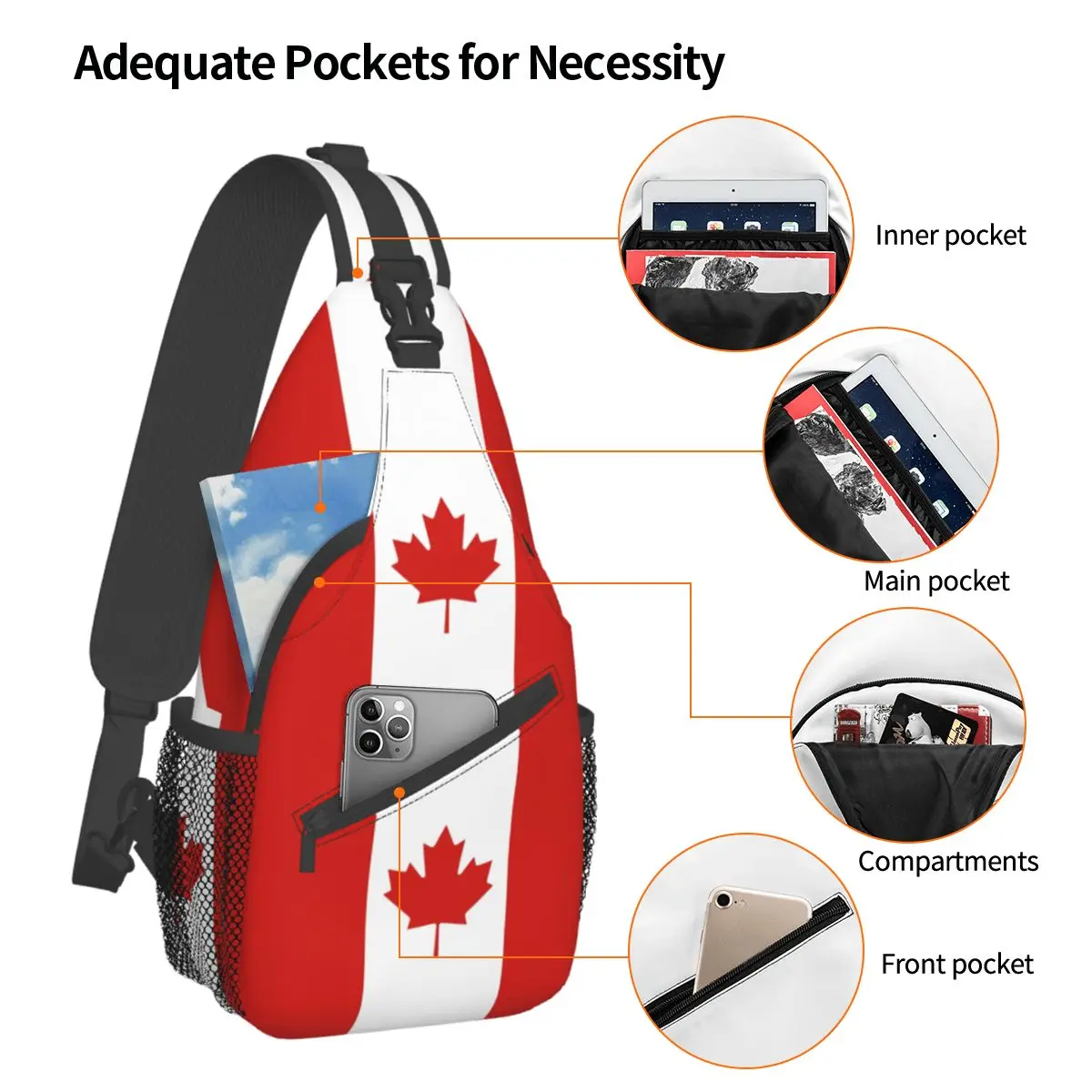 Mochila de hombro con bandera de Canadá, bandolera pequeña de pecho, globo de la libertad, paquete de día para viajes, senderismo y ciclismo