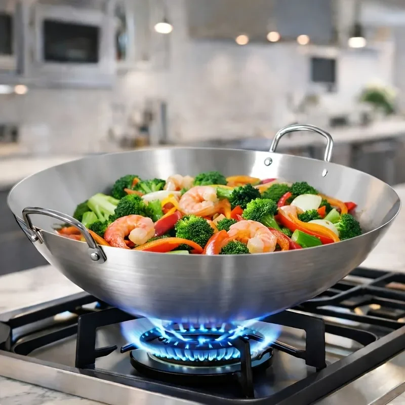 1pc Large Stainless Steel Wok, Uncoated Thick High-Quality Durable Chef'S Pan with Dual Handles, Easy to Clean for Commercial