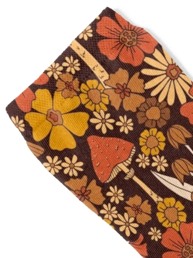 Retro 1970s Brown & Orange Mushrooms & Flowers Socks compression custom sheer Male Socks Women's