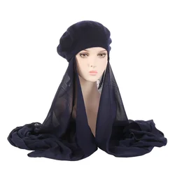 Hijab musulmán de gasa para mujer, pañuelo con gorro de boina, gorro suave, envoltura Islámica para la cabeza, listo para usar, gorros instantáneos, turbante