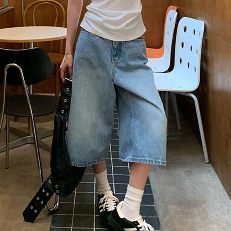 American Retro Seven-Foot Denim Shorts Women's Thin High Waist Loose Slim Wide Leg Mid-Pants Summer Wear Resistant Cotton Ela...