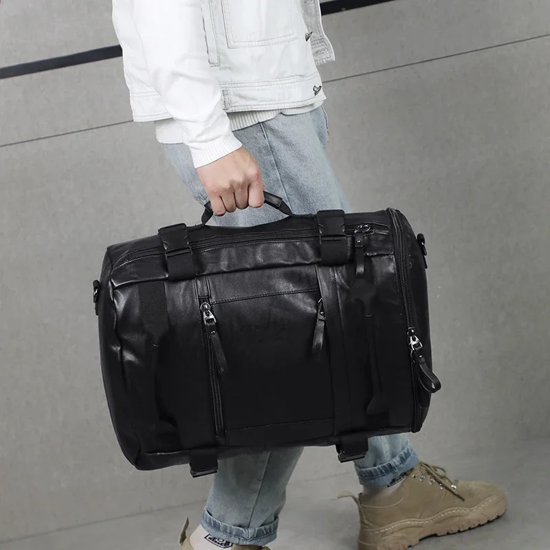 Tas Ransel Travel Pria Besar Kapasitas Tinggi Ransel Pria Kulit Hitam untuk Perjalanan Ransel Laptop Mochila