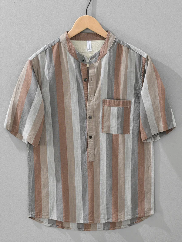 

Мужская летняя рубашка в стиле ретро, свободного кроя, с коротким рукавом, из льняной смеси с эффектом ледяного шелка, в полоску, с воротником-стойкой, повседневная