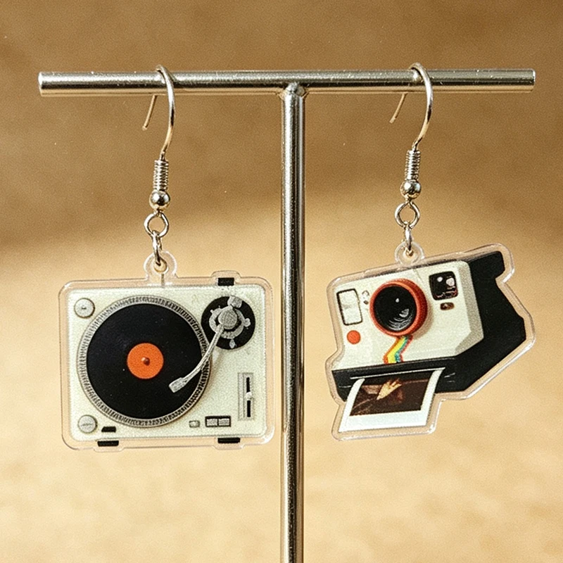 New 2D Retro Vinyl Tape Recorder Instant Camera Earrings Nostalgic Music Photography Design Stainless Steel Earrings Gift