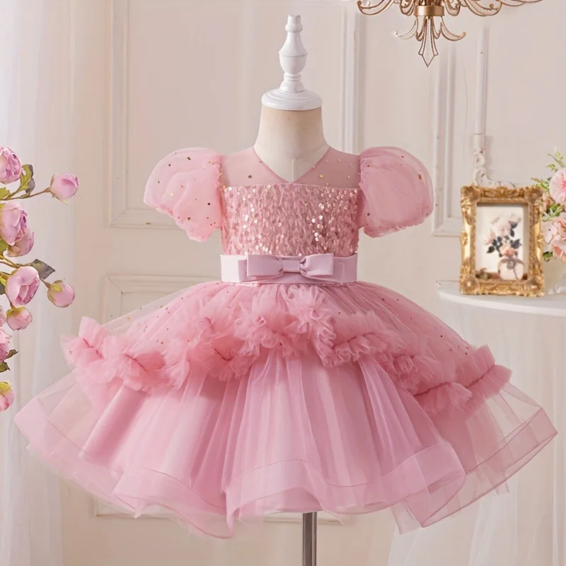 New Tutu Girl Princess Dress Sequins Kid Party Dresses Tulle Girly Clothes Pink