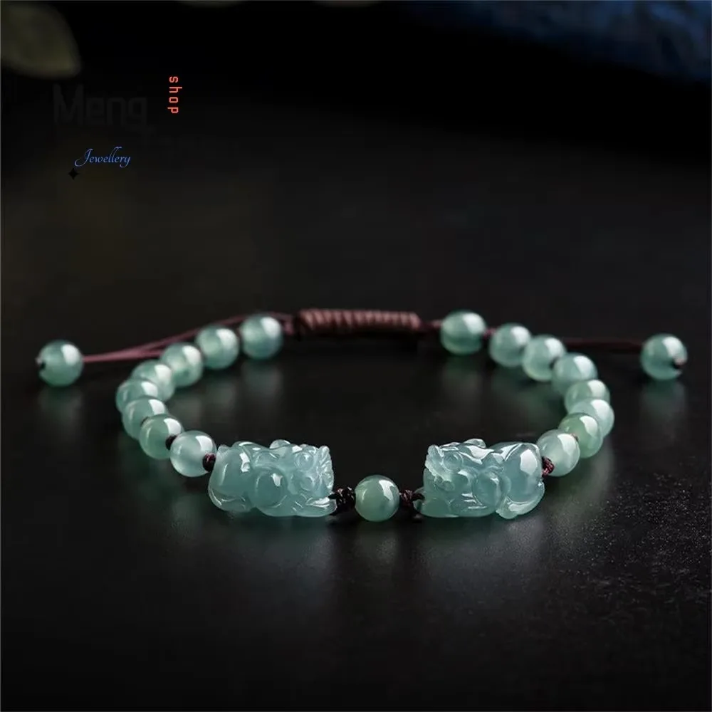 

High-grade Natural A-goods Jadeite Ice Blue Water Attract Wealth Pixiu Bracelet Hand-woven Exquisite Luxury Fashion Fine Jewelry