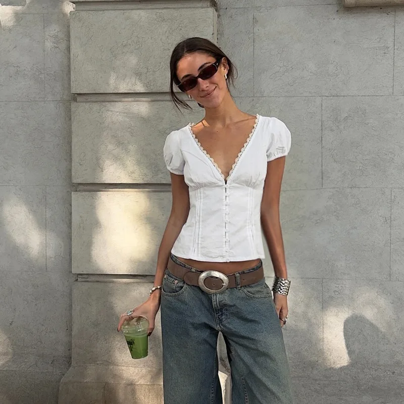 

Офисная блузка из французского кружева «Zeyla 2025», женская рубашка с глубоким V-образным вырезом и рюшами, облегающая рабочая одежда, летняя одежда