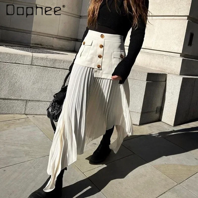 

Elegant Pleated Long Skirt Patchwork Pockets Single-breasted Zipper Back Irregular Hem Midi Skirt Office Lady All Match