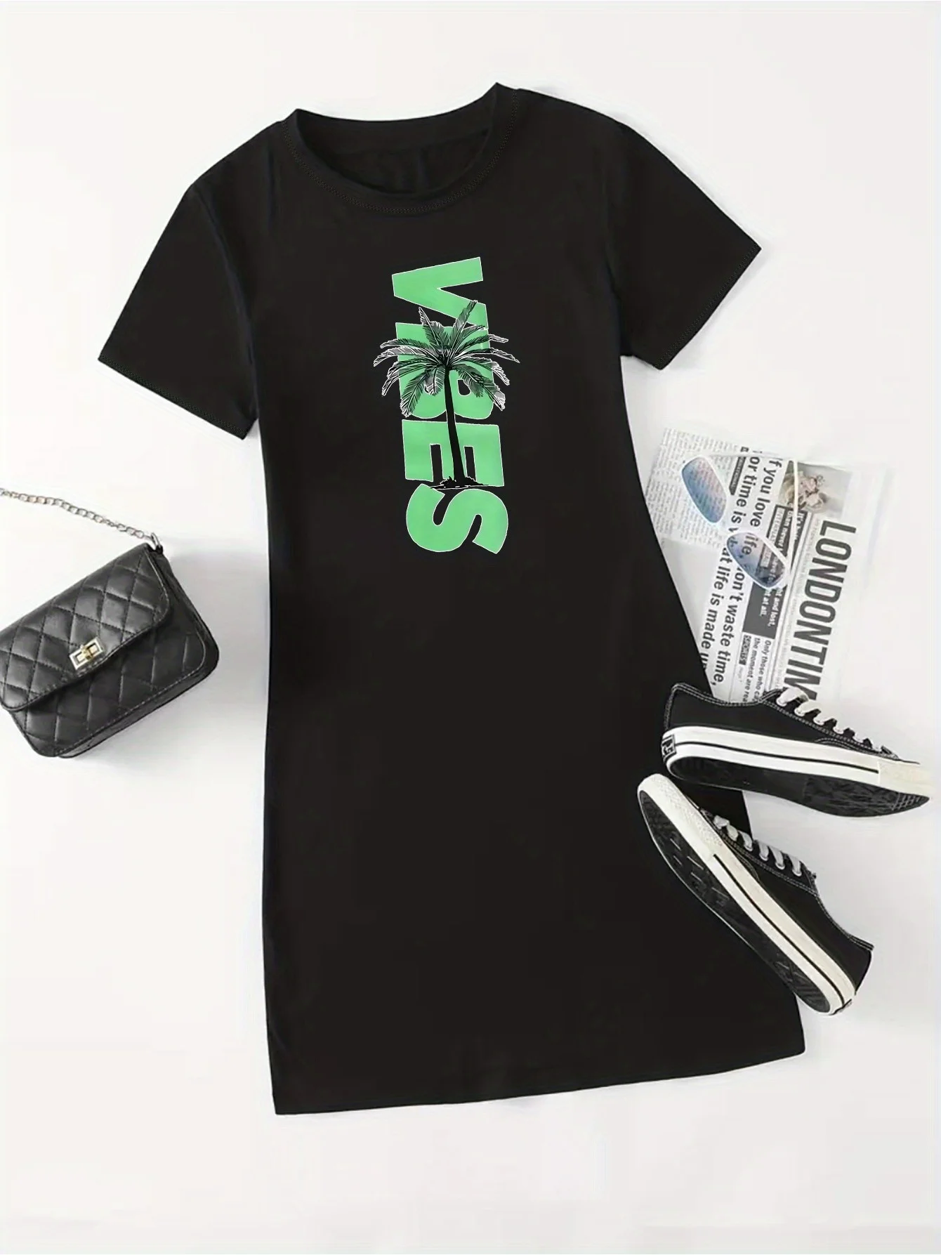 Sommer Neue Stile frauen Schwarz VIBES Palm Tree Print Kurzarm Kleid Casual Lose Rundhals Plus Größe Kurzarm kleid