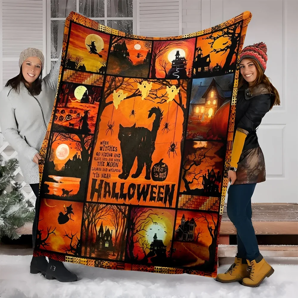 Halloween decorative flannel blanket, black cat, moon bat, various funny elements, home blanket