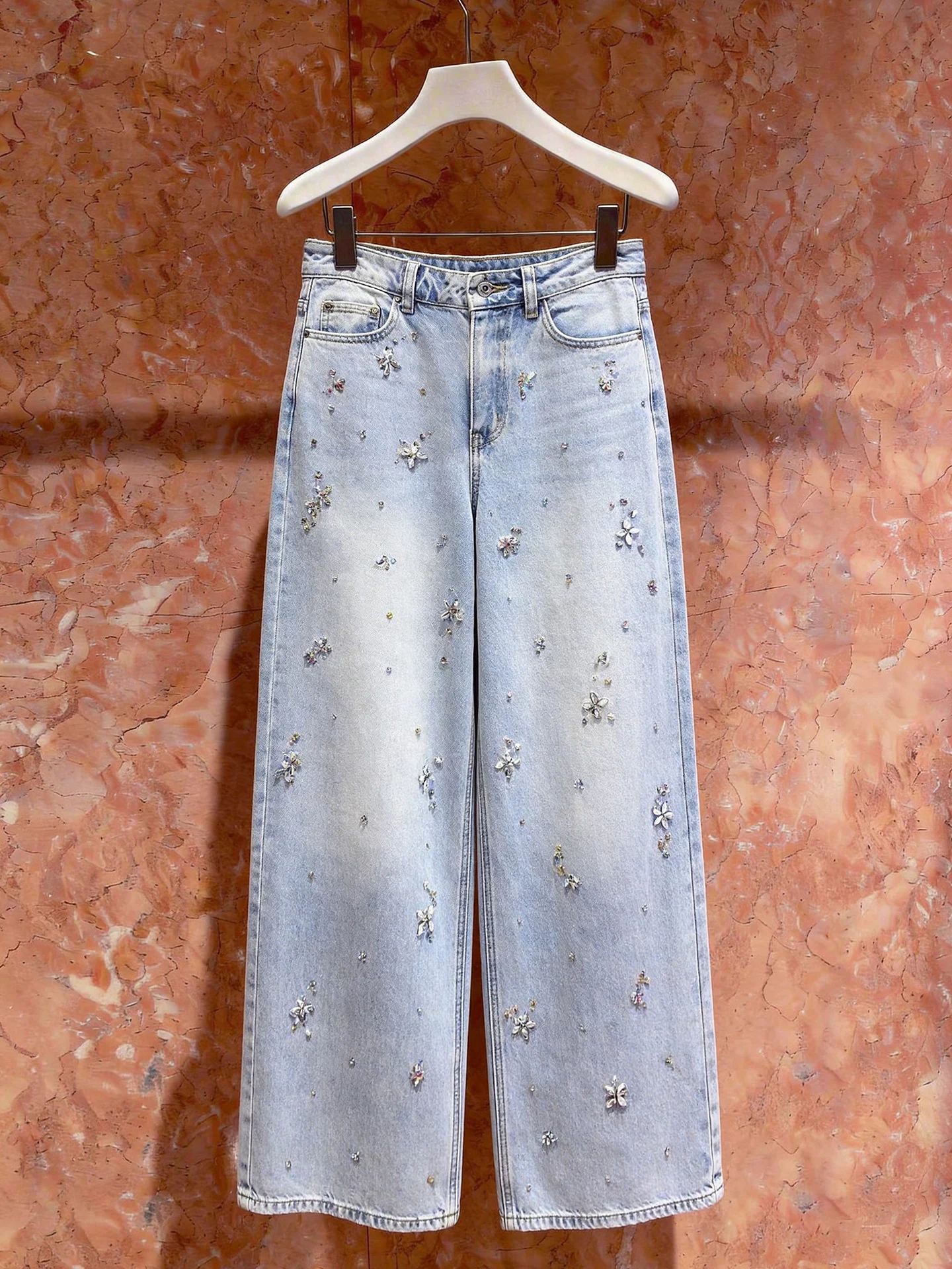 

High Waist Wide Leg Denim Jeans for Women with Flower Embroidery And Diamond Inlay Spring Summer High End Women's Fashion