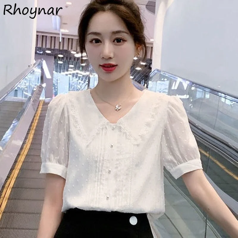 

Blouses Women Lace Sweet Solid Fashion Elegant Chiffon Thin Soft Fit Casual Tender Office Female Korean Style Puff Sleeve Ins
