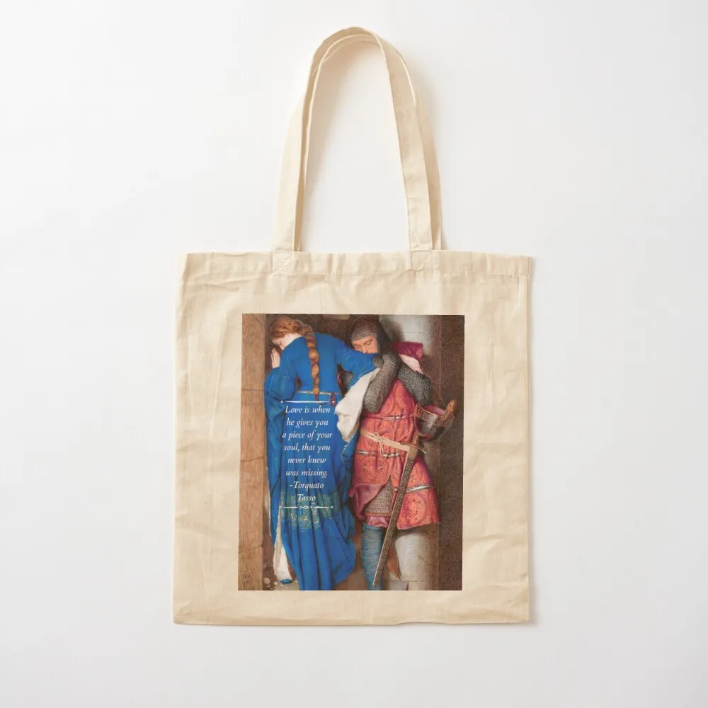 The Meeting On The Turret Stars Painting By Frederic William Burton, 1864. With Quote from Torquato Tasso. Tote Bag
