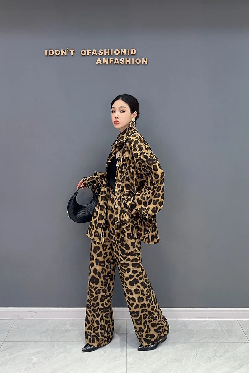 2024 Autumn New Korean Style Loose POLO Collar Shirt Casual Wide Leg Pants Leopard Print Drape Two-piece Set Women Clothing J568