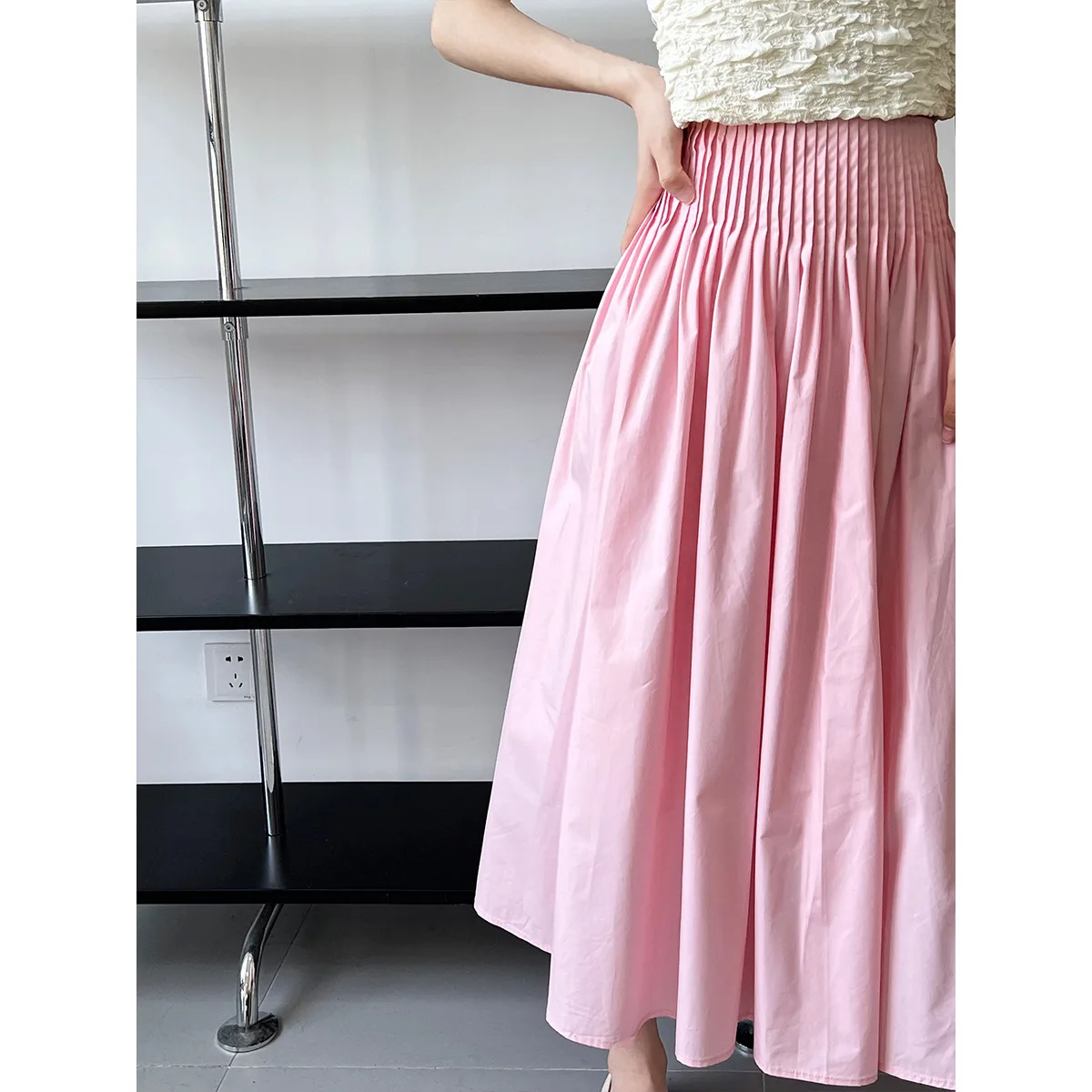 Vintage Retro Women's Pink High Waist Pleated Midi Skirt A-line Pink 2023 Summer New In