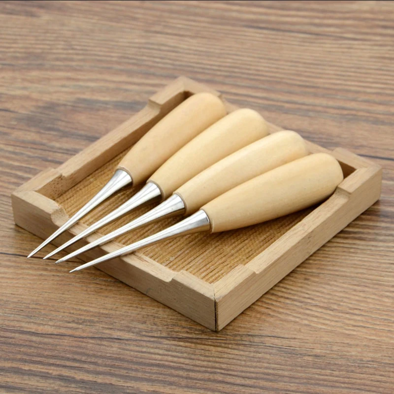 1Pc Wooden Handle Awls DIY Leather Tent Sewing Cone Shoes Repair Tool Hand Stitcher Leather Craft Awl Punch Hole Leather Tools