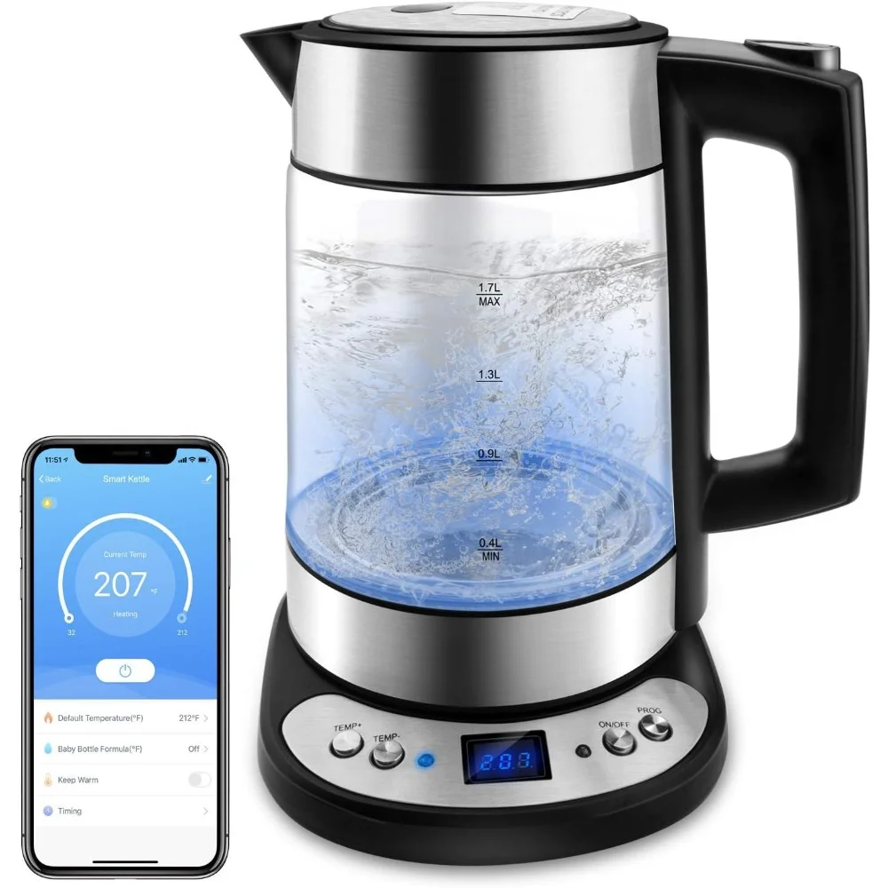 

Electric Kettle Smart, Glass Heater Boiler Suitable 1.7 L, Overheat Protection Temperature Control, Water Kettles