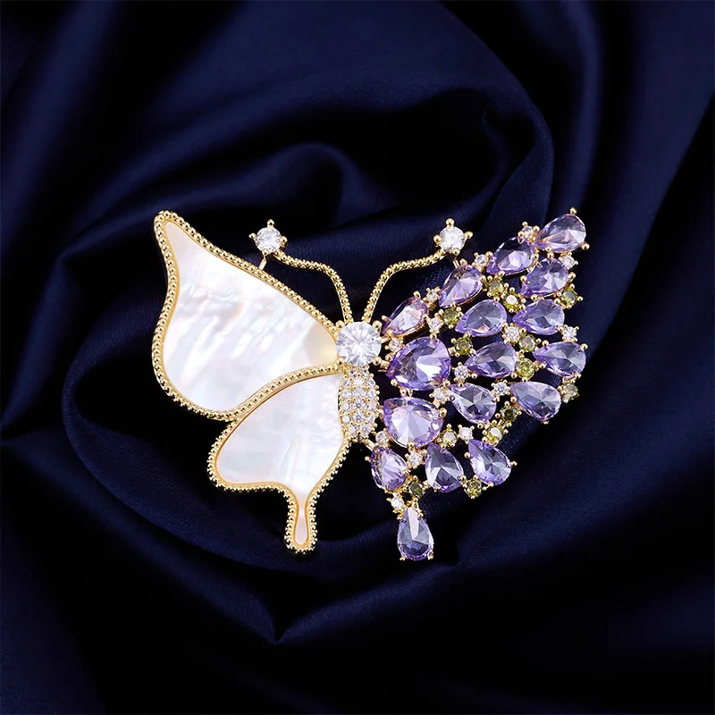 Chinese Style Lucky Auspicious Natural Mother Of Pearl Pink Purple Zircon Gold Butterfly Brooch Women Luxury Coat Lapel Pin Gift