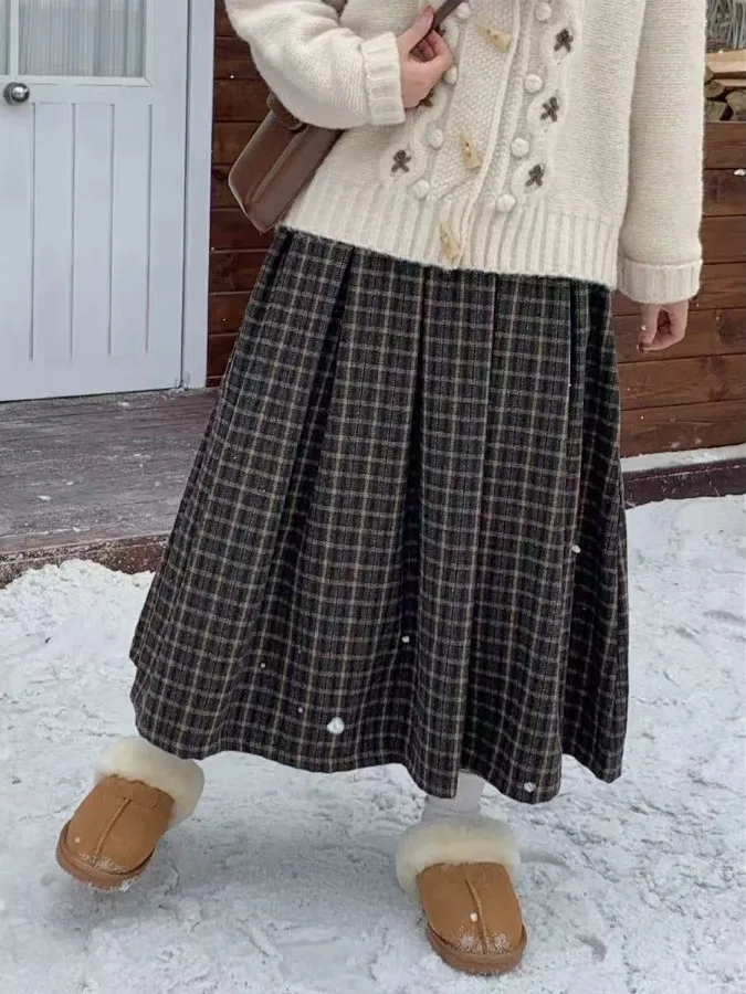 

High Waist A-Line Skirt Vintage Plaid Pleated Midi Skirt Autumn Winter College Sle Japanese Faion Warm Cotton Ci Commute