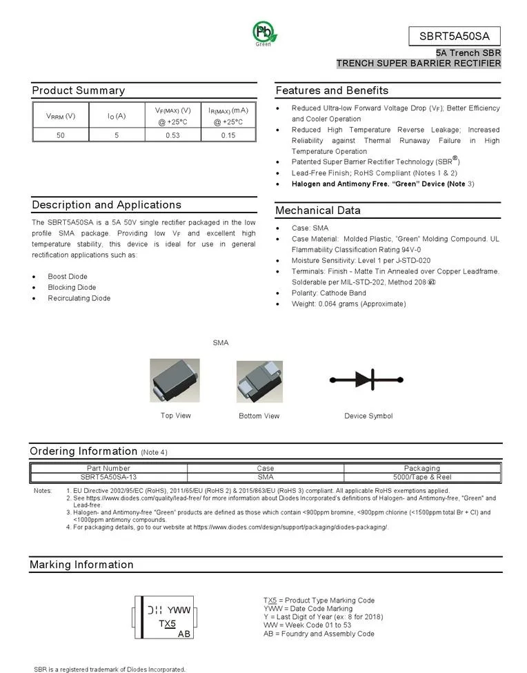 Free Shipping SBRT5A50SA SBRT5A50SA-13 SBRT5A50SA-13-F 5A 50V SMA(DO-214AC) SBR Super Barrier Rectifier