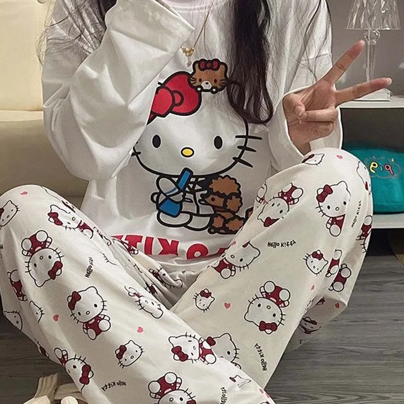 Kawaii Sanrios Hello Kitty Women\'s Pajamas Set Anime Cartoon Students Autumn Winter Polyester Long Sleeved Girls Nightwear Gift