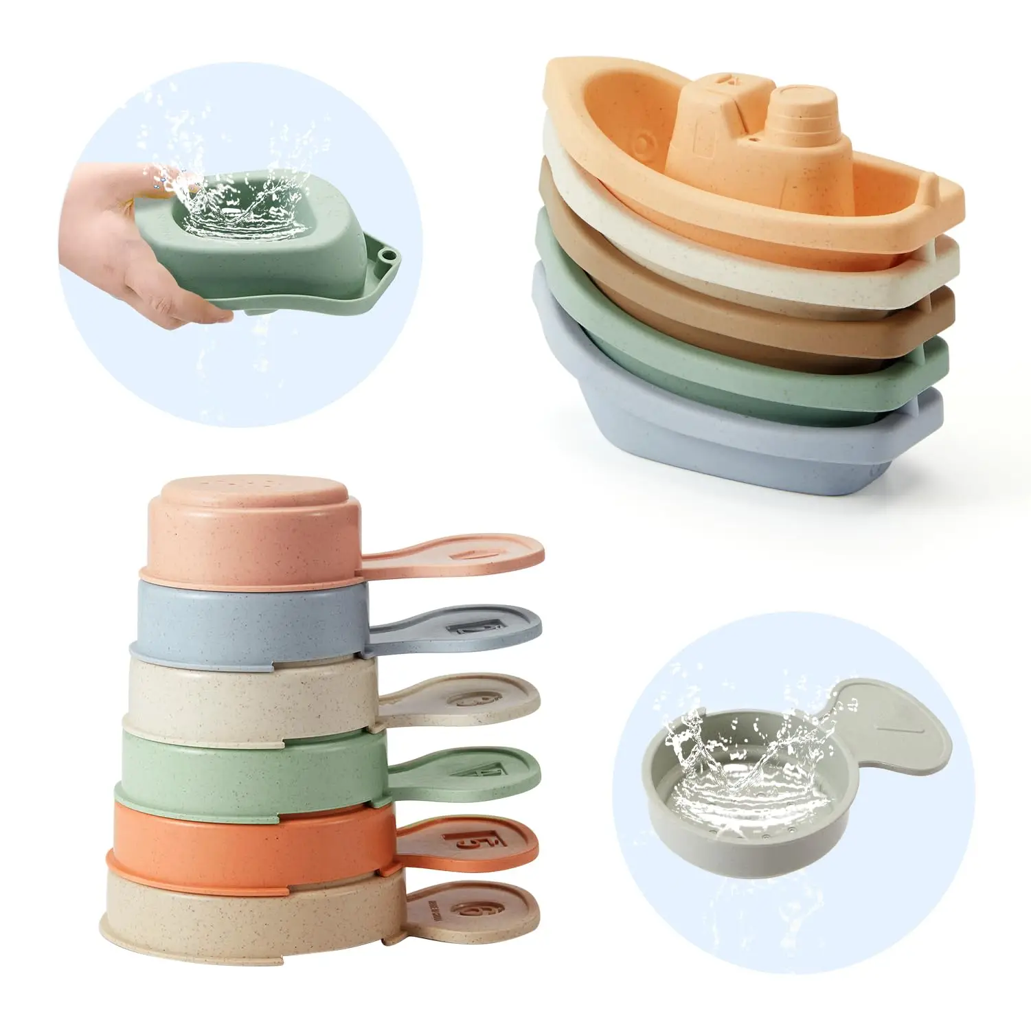 Bath Toys Floating Boats with Bathing Spoon Durable Educational Plastic Stacking Boat for Baby Water Table Toys Birthday Gift