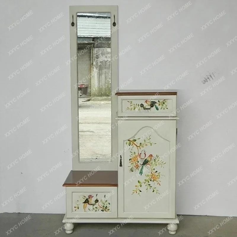 style old entrance shoe change stool full-length mirror furniture painted clothes and hats shoe cabinet
