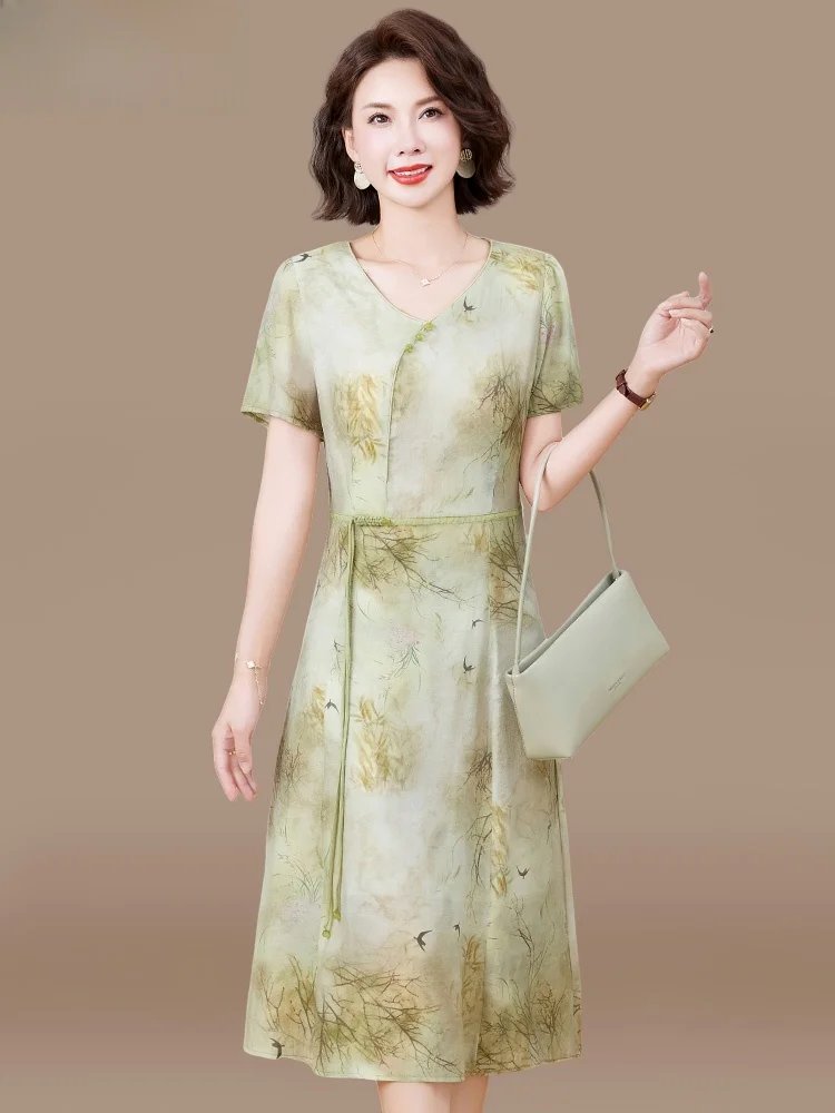 

Новая китайская летняя модная юбка миди свободного кроя с V-образным вырезом и коротким рукавом для женщин среднего возраста, смесовая ткань из полиэстера