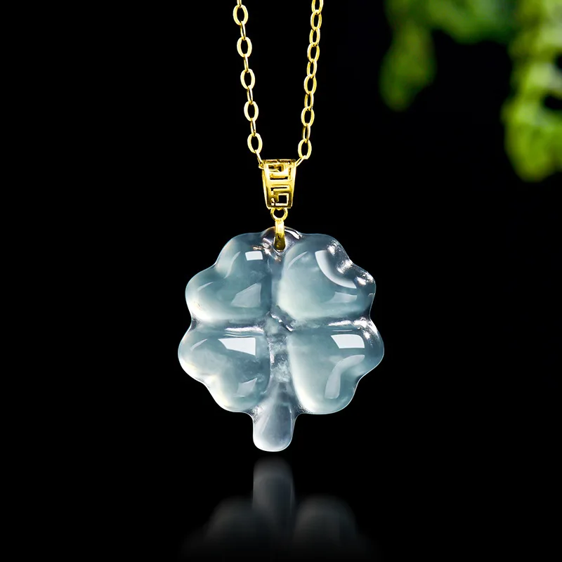 Real Natural Blue Water Jade Ice Seed Clover Pendant Necklace Carved Charm Jadeite Jewelry Fashion Amulet Gifts for Men Women