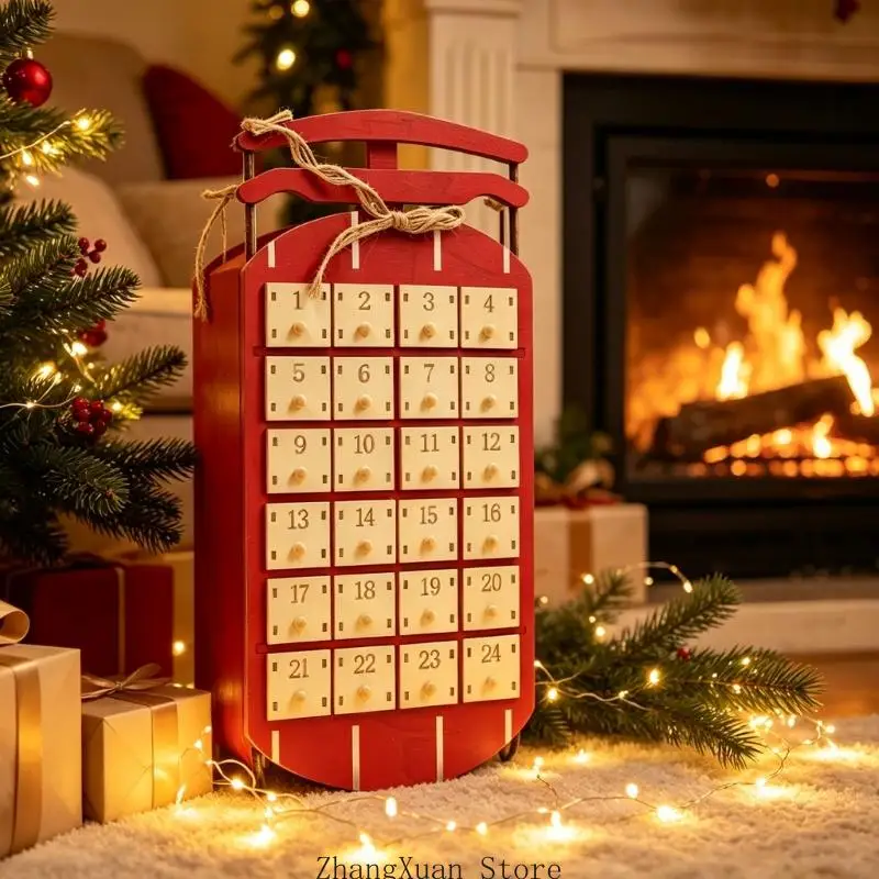 Freistehender oder hängender Schlitten-Adventskalender mit 24 nummerierten Fächern und Akzent für Zuhause, Klassenzimmer oder – Detail 5