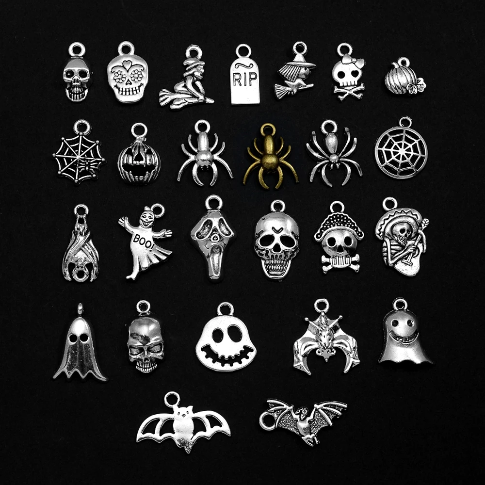 30pcs/lot Antique Witch Wizard Skull Spider Web Bat Boo Charms Halloween Pendant For Diy Jewelry Making Supplies Accessories