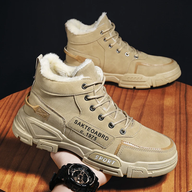 

Men's High-Top Fleece Lined Boots Winter Warm Work Boots Trendy Cotton Shoes Comfortable Breathable Youth Fashion