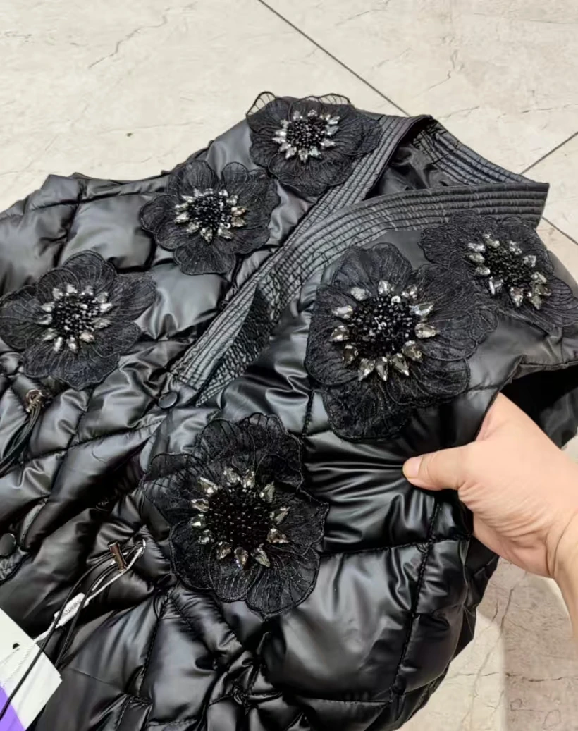 

Роскошный хлопковый жилет с бриллиантами и цветами для женщин, осень-зима 2025, куртка без рукавов, верхняя одежда, жилет, женская одежда