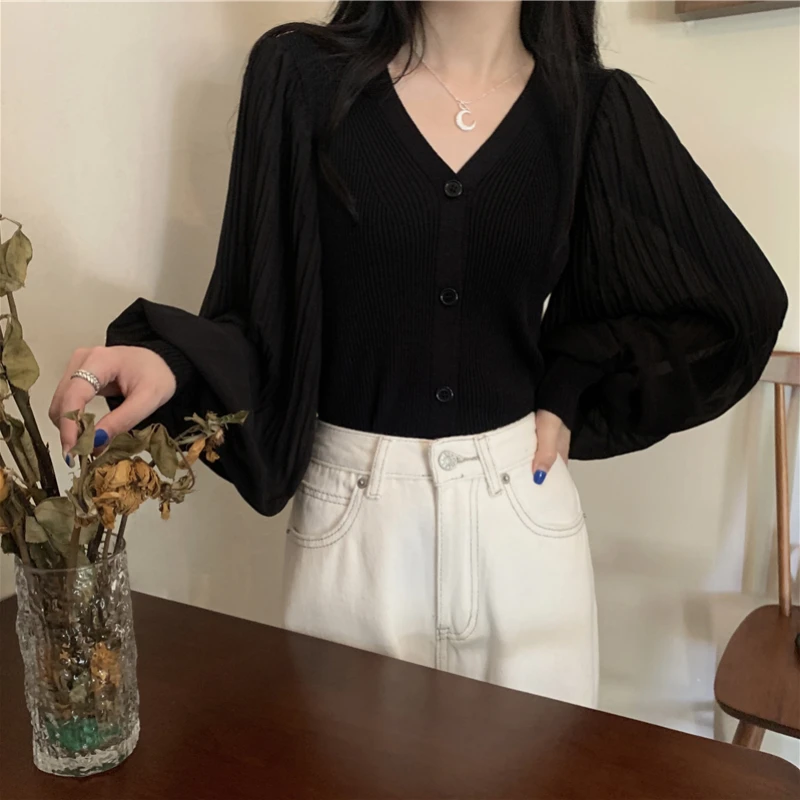 Cardigan Women V-neck Lantern Sleeve Pleated Loose Elegant Streetwear Comfortable Trendy Office Lady Leisure All-match Korean