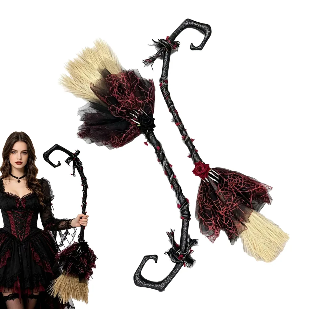 Deluxe Witch Broom Cosplay Gothic Red Rose Witches Decor Magic Wand Halloween Carnival Dress Up Party Costume Props