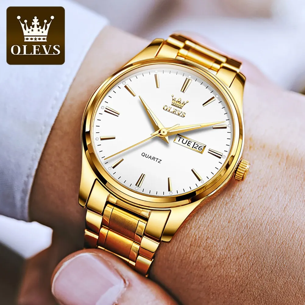 Ollevs Klassieke Gouden Polshorloges Voor Topmerk Luxe Business Date Waterdicht Lichtgevend Roestvrij Staal Heren Quartz Polshorloge