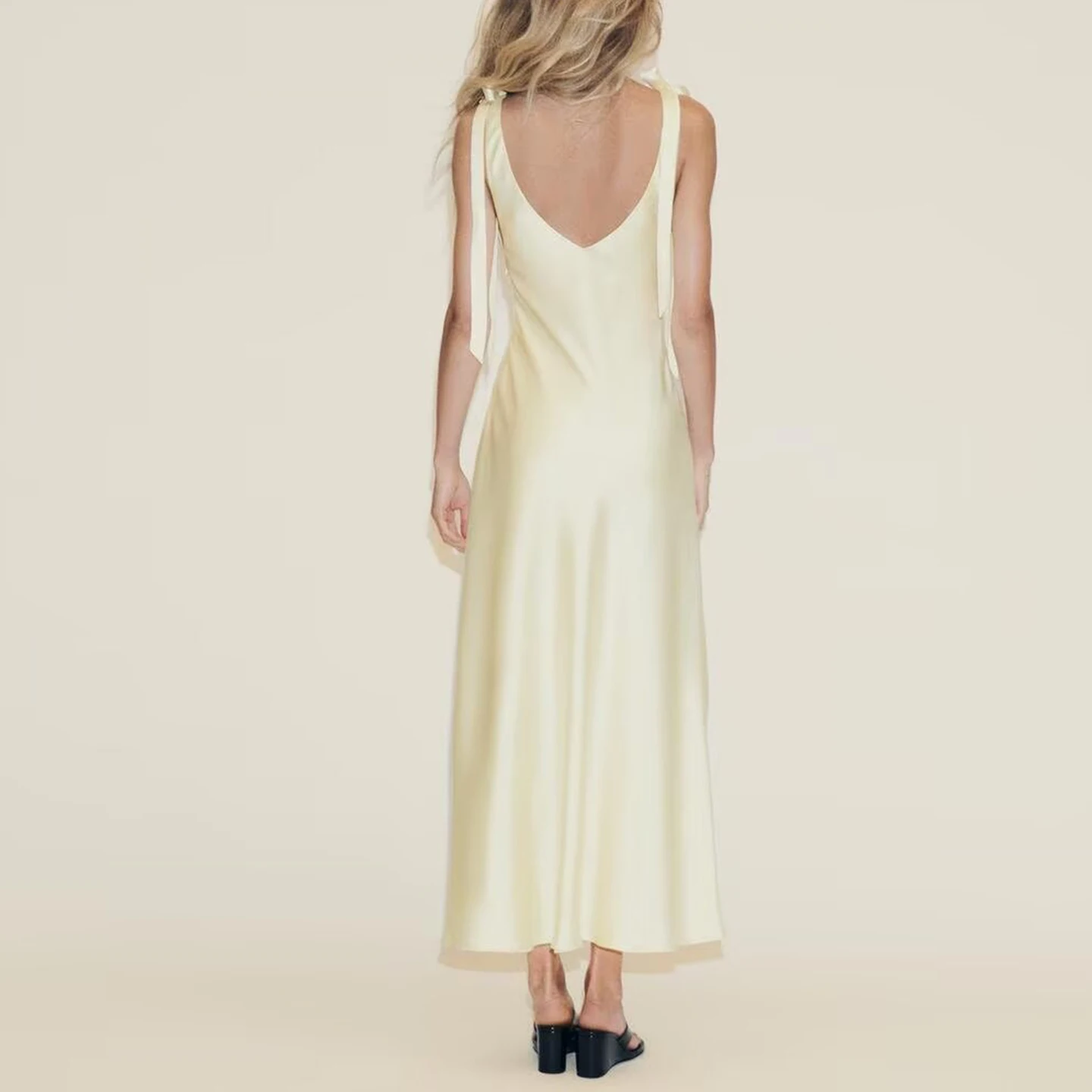 Z Faion  Knot Silk Satin Texture Midi Dr Women's Summer Casual Breathable Soft Polyester Gown