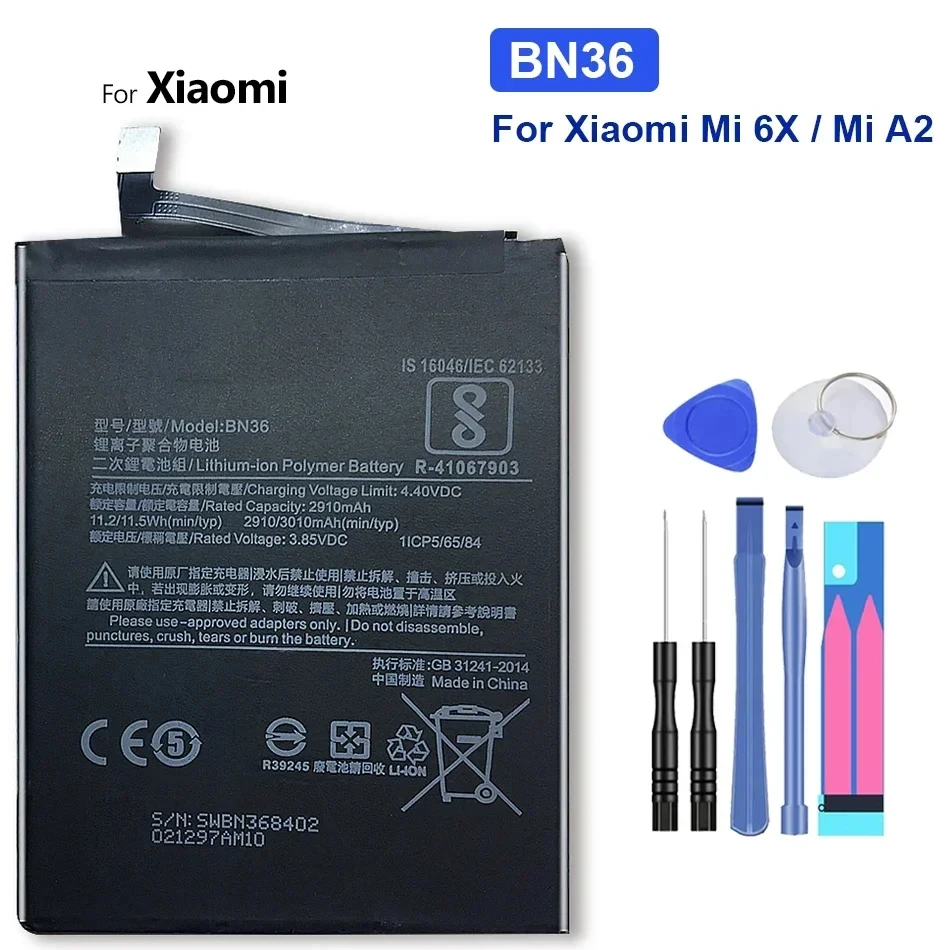 BN36 Battery For Xiaomi Mi 6X A2 Mi6X MiA2 2910mAh Phone Batteries Bateria Fast Shipping + Tools