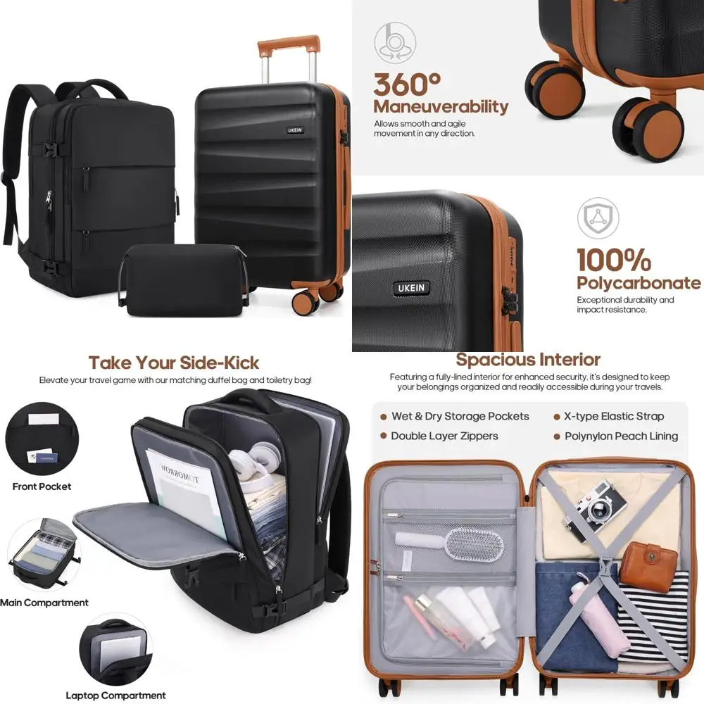 Juego de equipaje giratorio de carcasa dura de policarbonato con bolso de mano y mochila, maleta de viaje aprobada por aerolínea para durabilidad y conversación