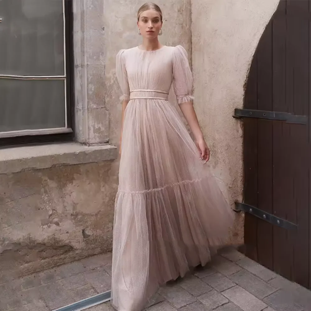 

Glitter Tulle Prom dresses Light Pink Sparkle Wedding Party Dress 2024 Short Sleeves A Line Party Dress woman customized