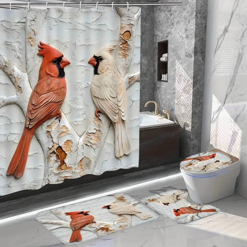 1pc/4pcs Imitation 3D Trunk Set, Cardinal Perched on a Branch Print Shower Curtain, Machine Washable, Bi