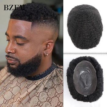 Pelucas Afro rizadas para hombres, cabello humano de Color negro, Base de PU completa, tupé, sistema de reemplazo de prótesis, 8mm, 10mm, 12mm, 6mm