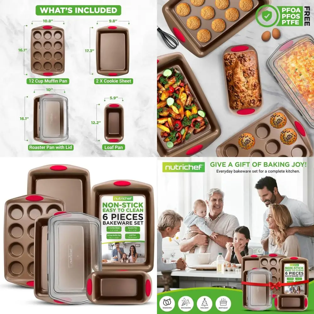 

Stackable 6-Piece Bakeware Set with Silicone Handles, Nonstick Coating, Cookie Sheets, Roaster Pan with Lid, Loaf Pan, and 12-Cu